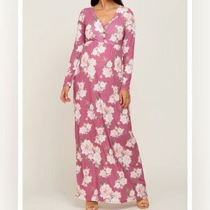Mauve floral button front maternity plus maxi dress